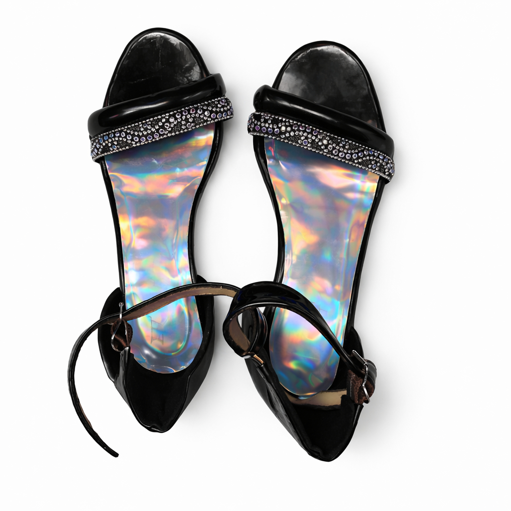 Women Open Toe block Heel Sandals with Ankle Strap and Rhinestone Detail