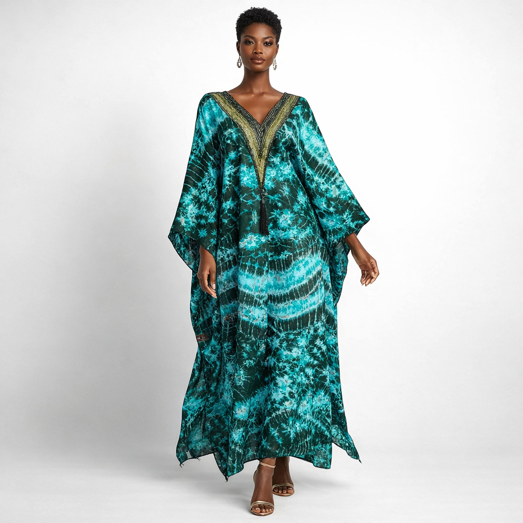 Womens Tie Dye Kaftan Dress with Embellished V Neck
