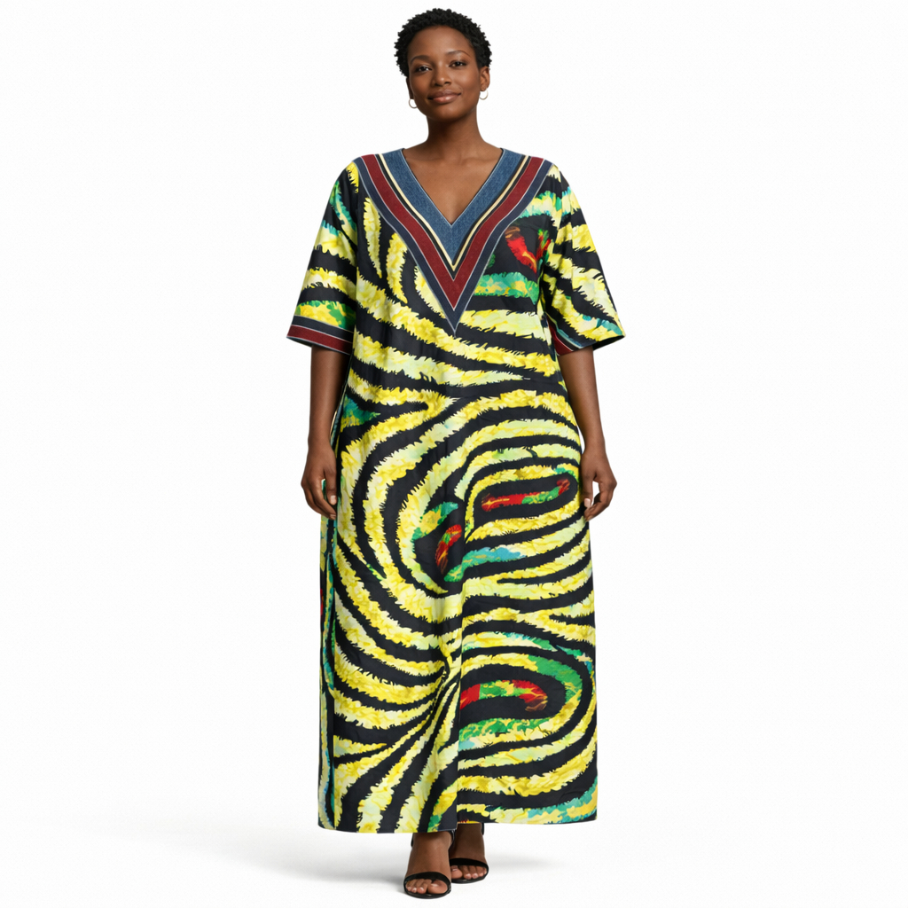 Elegant Printed V Neck Midi Dress with Contrast Trim