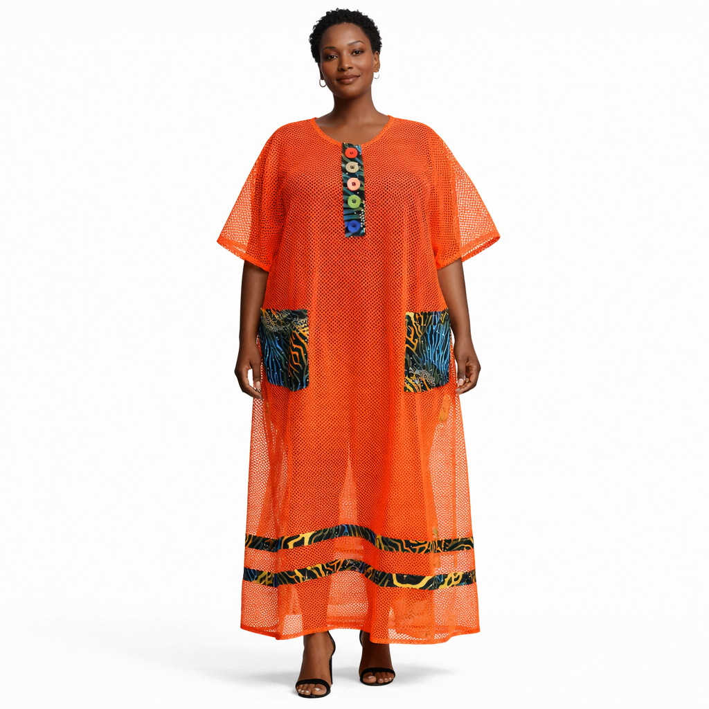 Quality Mesh Overlay Kaftan Dress with Patterned Trim