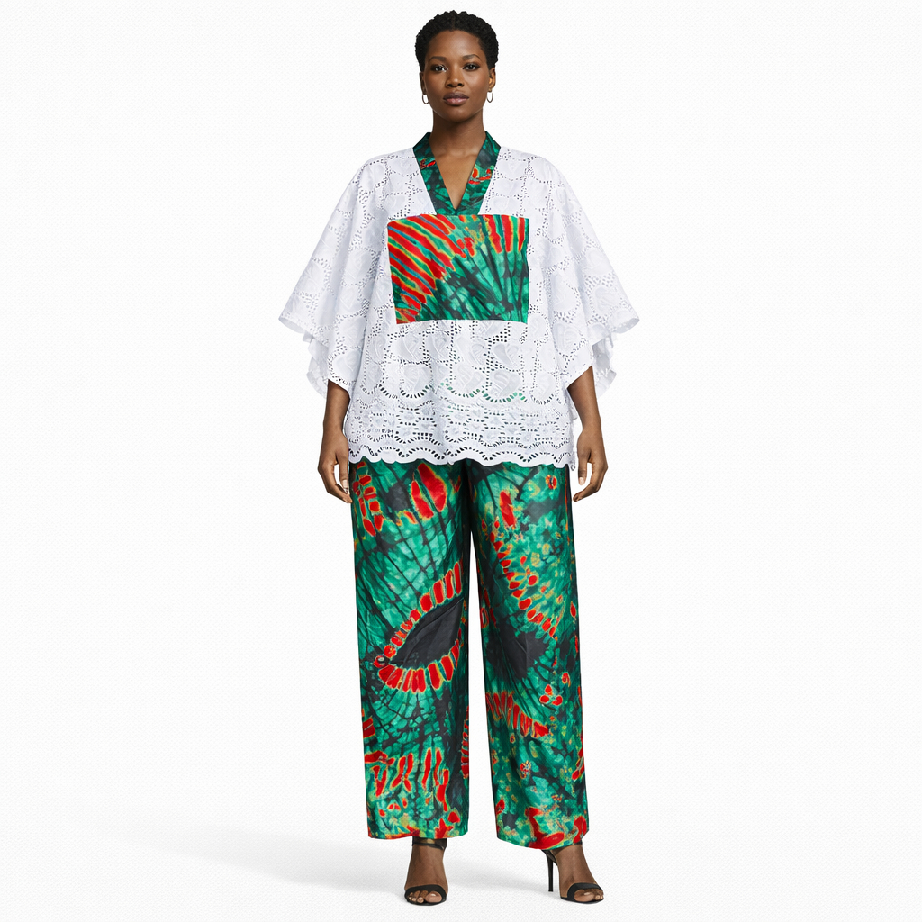 Womens Lace Top and Patterned Trousers Two Piece Set