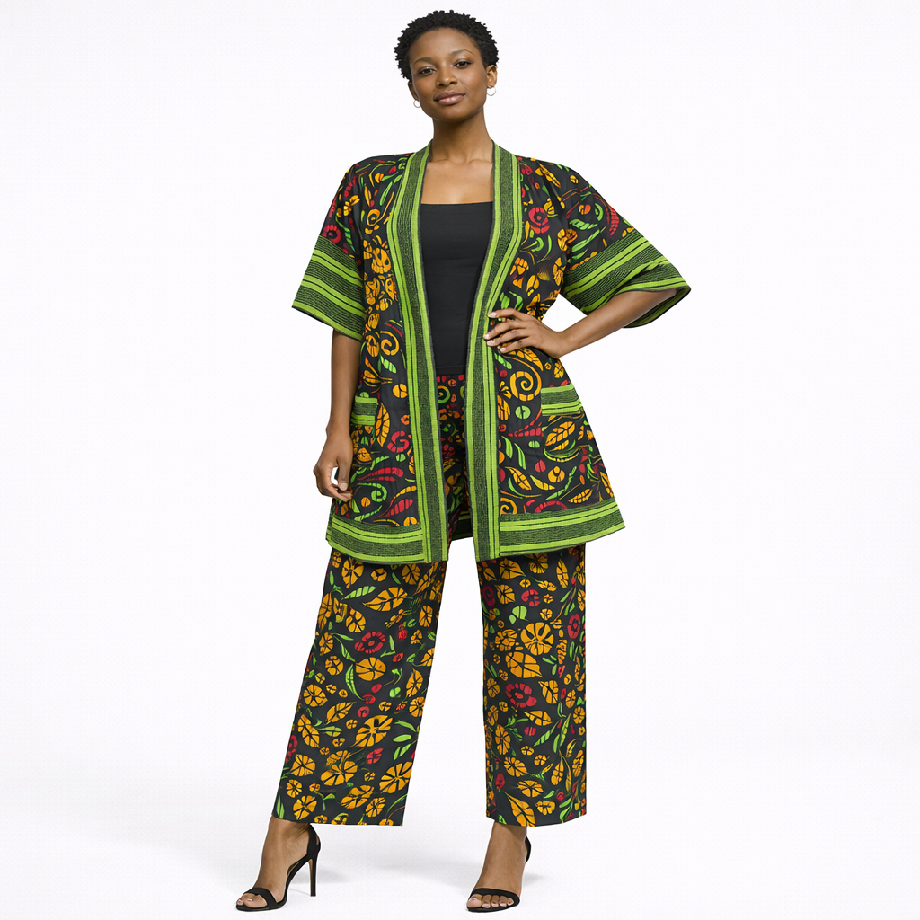 African Print Open Front Kimono Jacket and Trouser Set