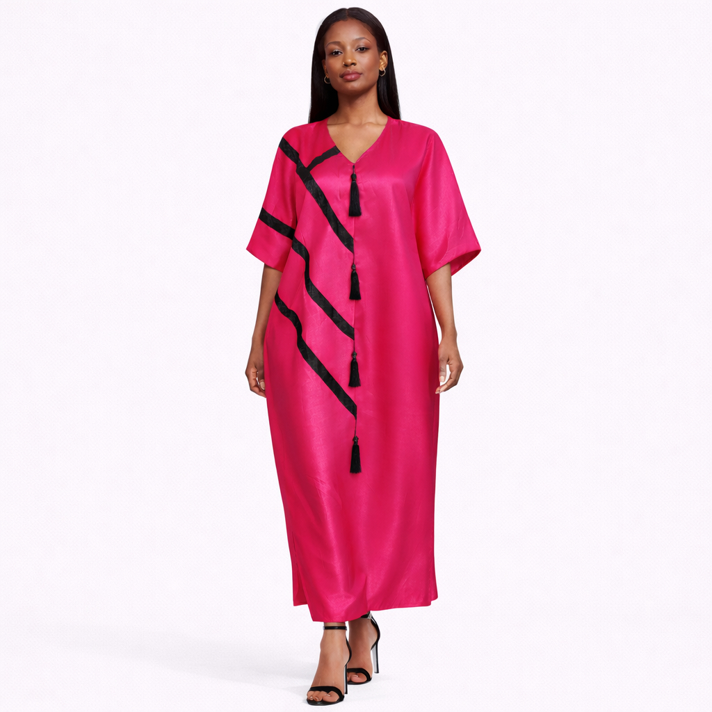 Women Pink Maxi Kaftan Dress with Black Diagonal Trim and Tassel Details