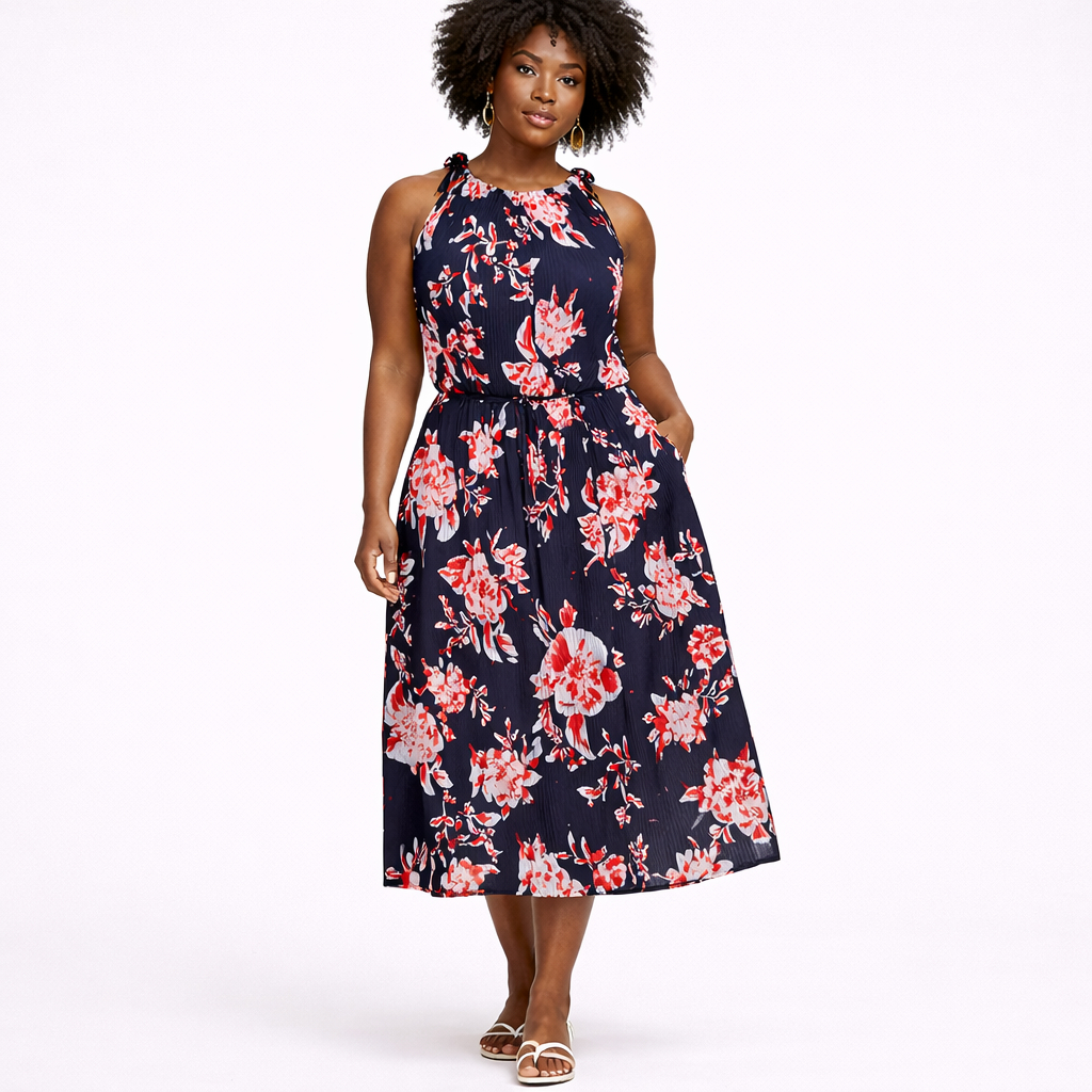 Women Sleeveless Floral Pleated Midi Dress