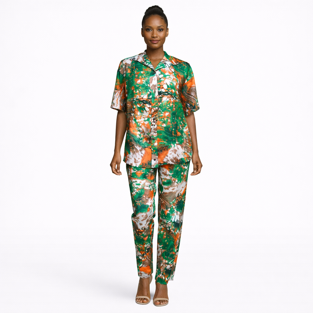 Women Printed  Short Sleeve Button Up Top and Trouser Set