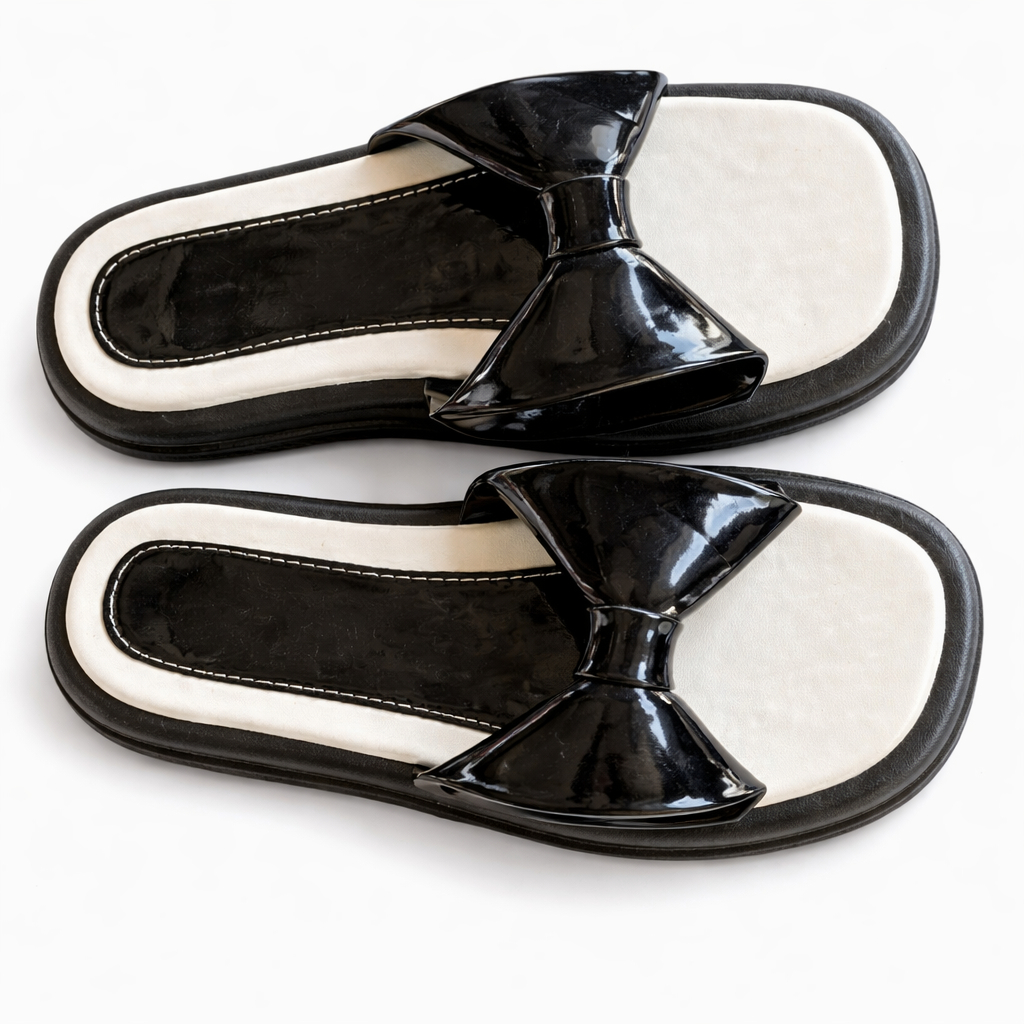 Black Slip On Flat Sandals with Cushioned Footbed And Bow strap
