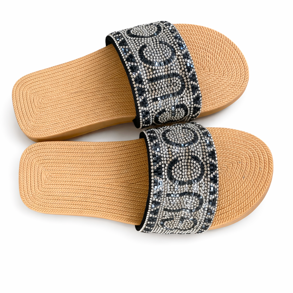 Black Embellished Slip On Flat Sandals with Wide Strap