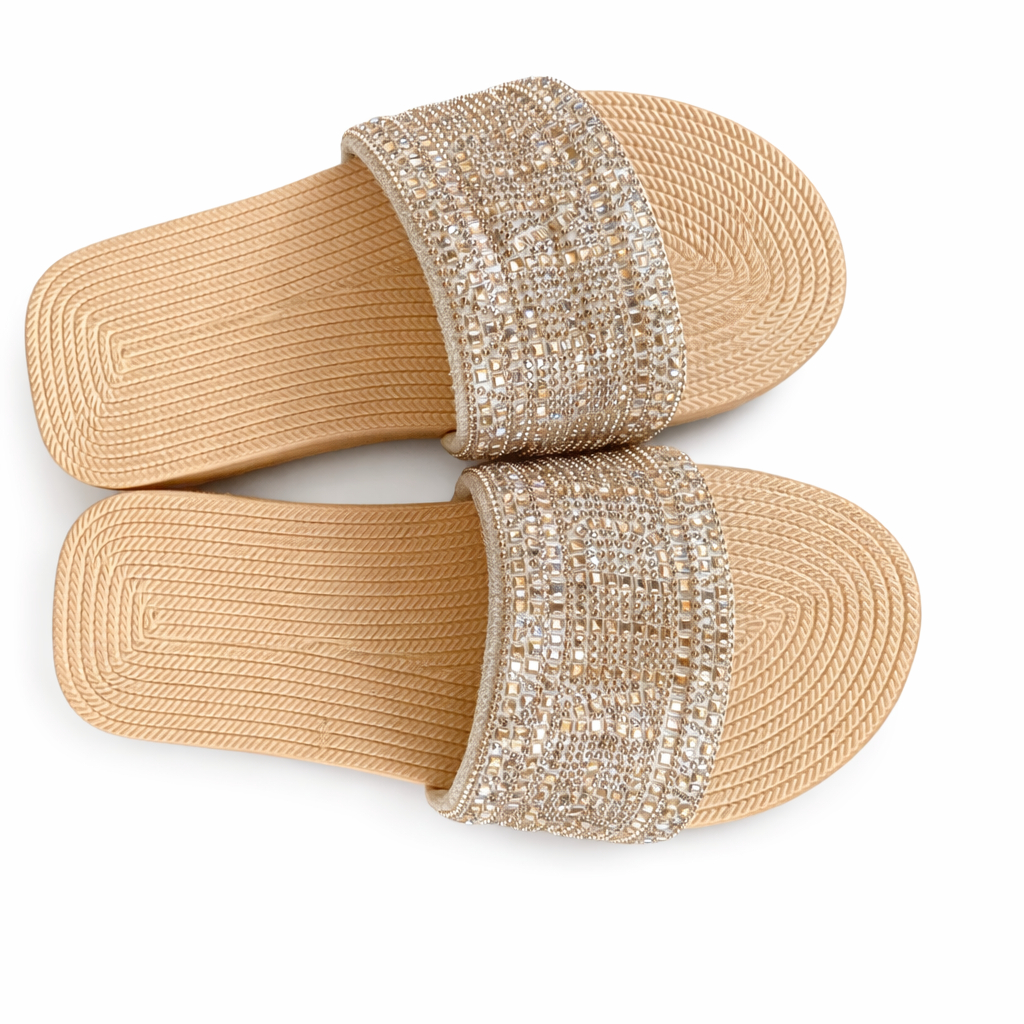 Beige Embellished Slip On Flat Sandals