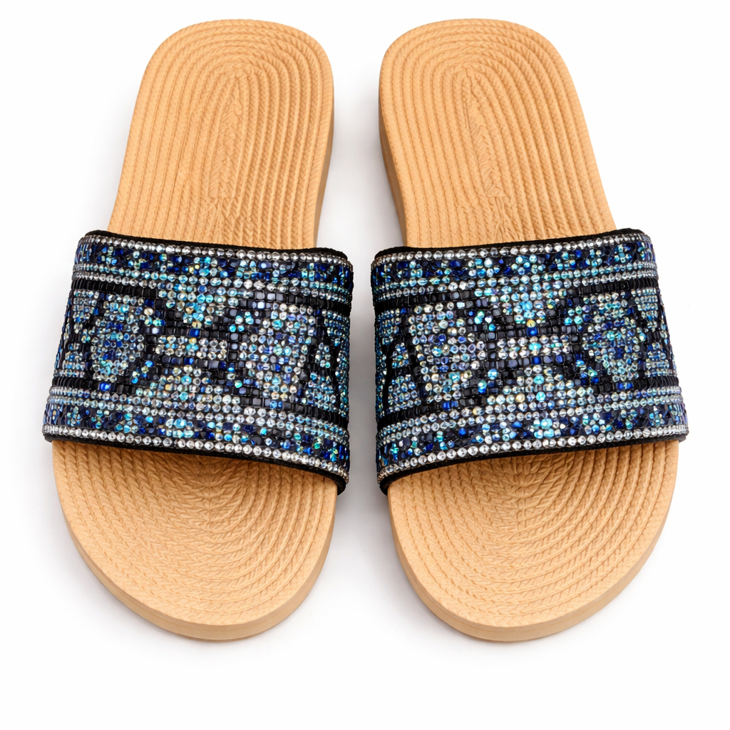 Embellished Slip On Flat Sandals with Patterned Strap