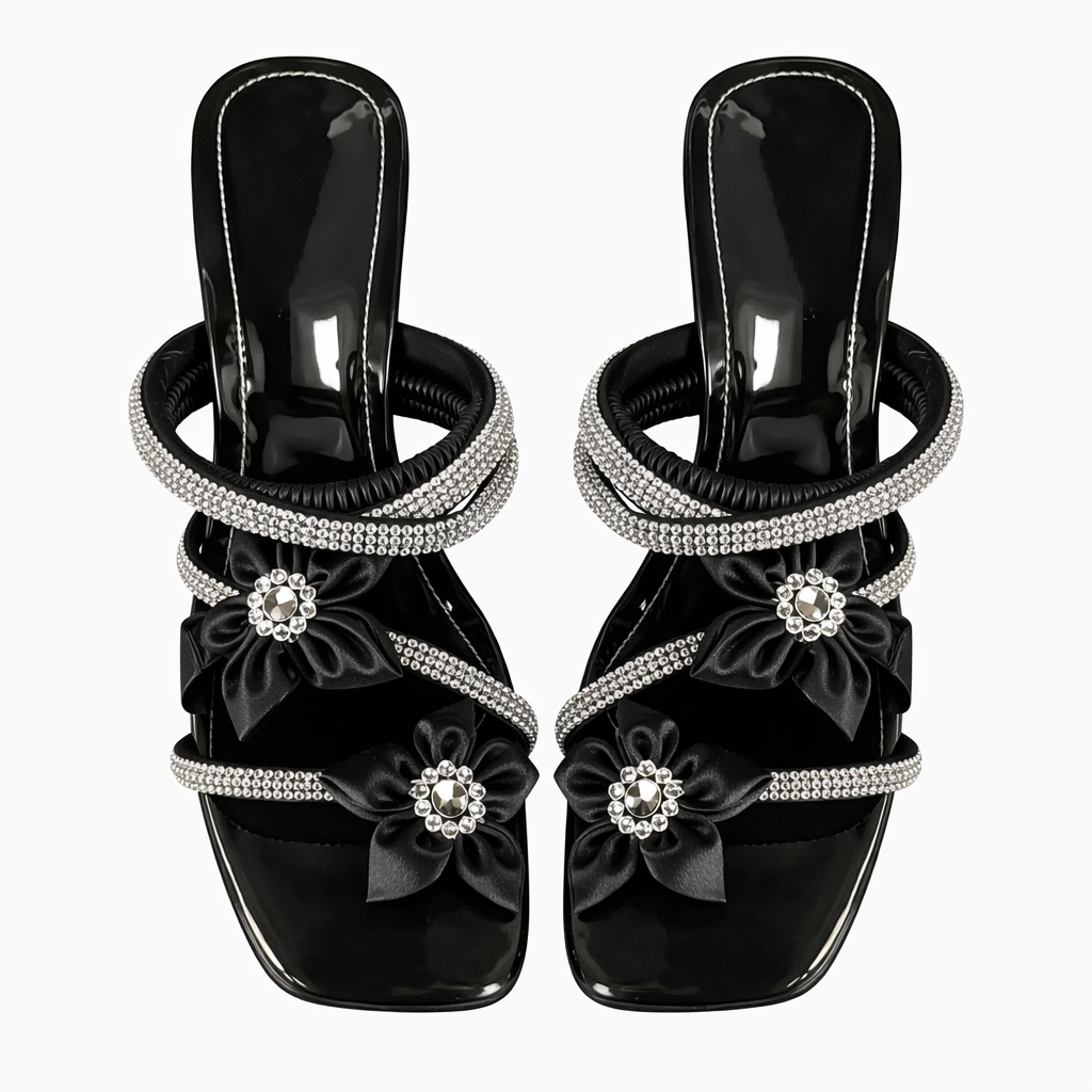 Black Floral Embellished Multi Strap Flat Sandals