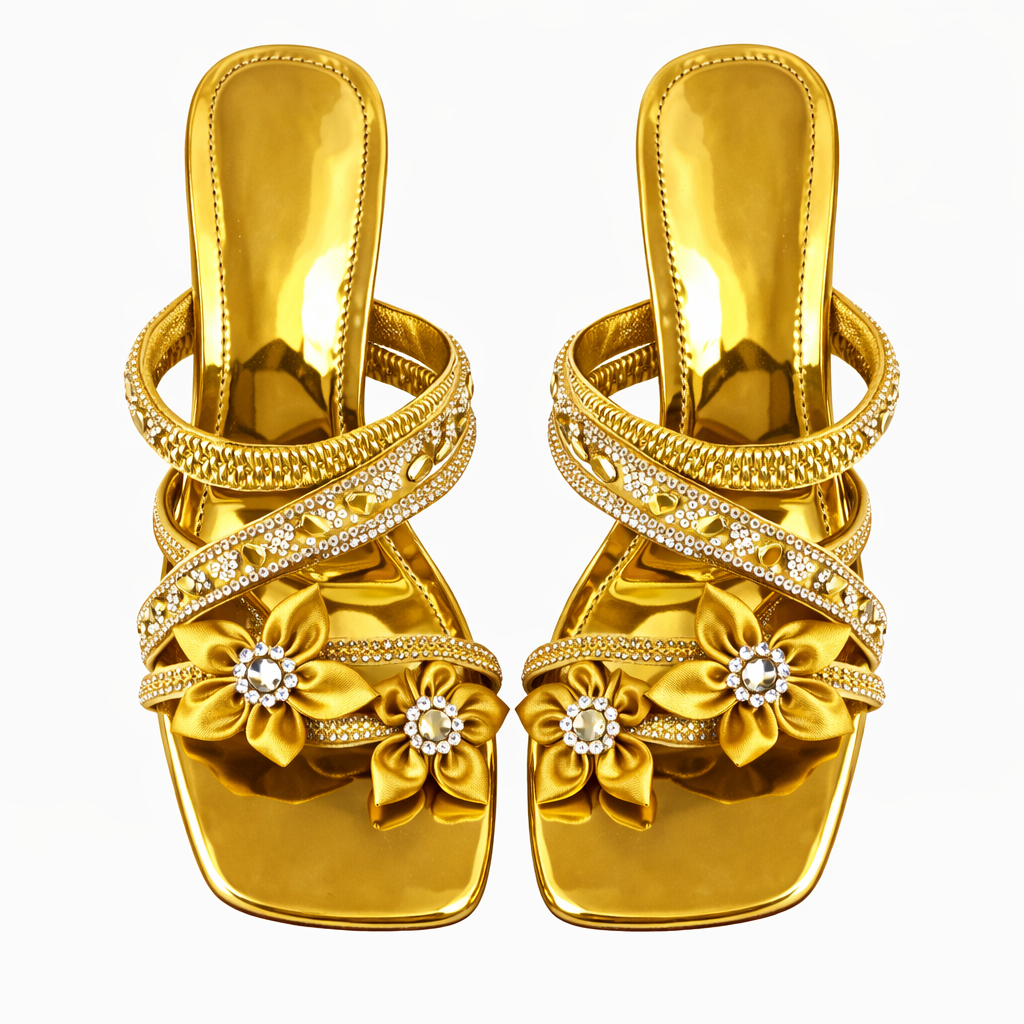 Metallic Gold Floral Embellished Multi Strap Flat Sandals