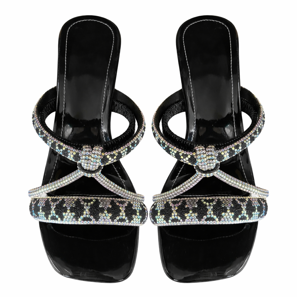 Black Rhinestone MultiStrap Square Toe Flat Sandals