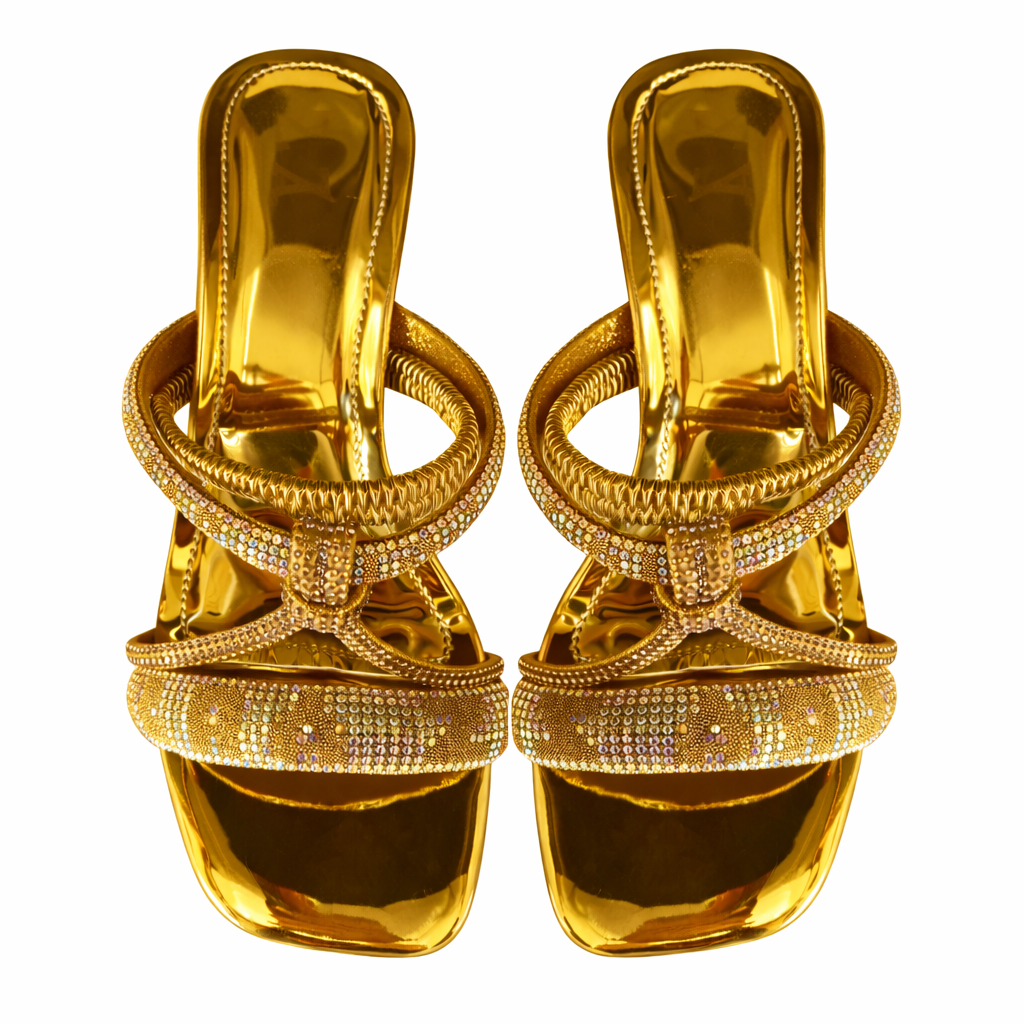 Quality Metallic Gold Rhinestone Multi Strap Flat Sandals