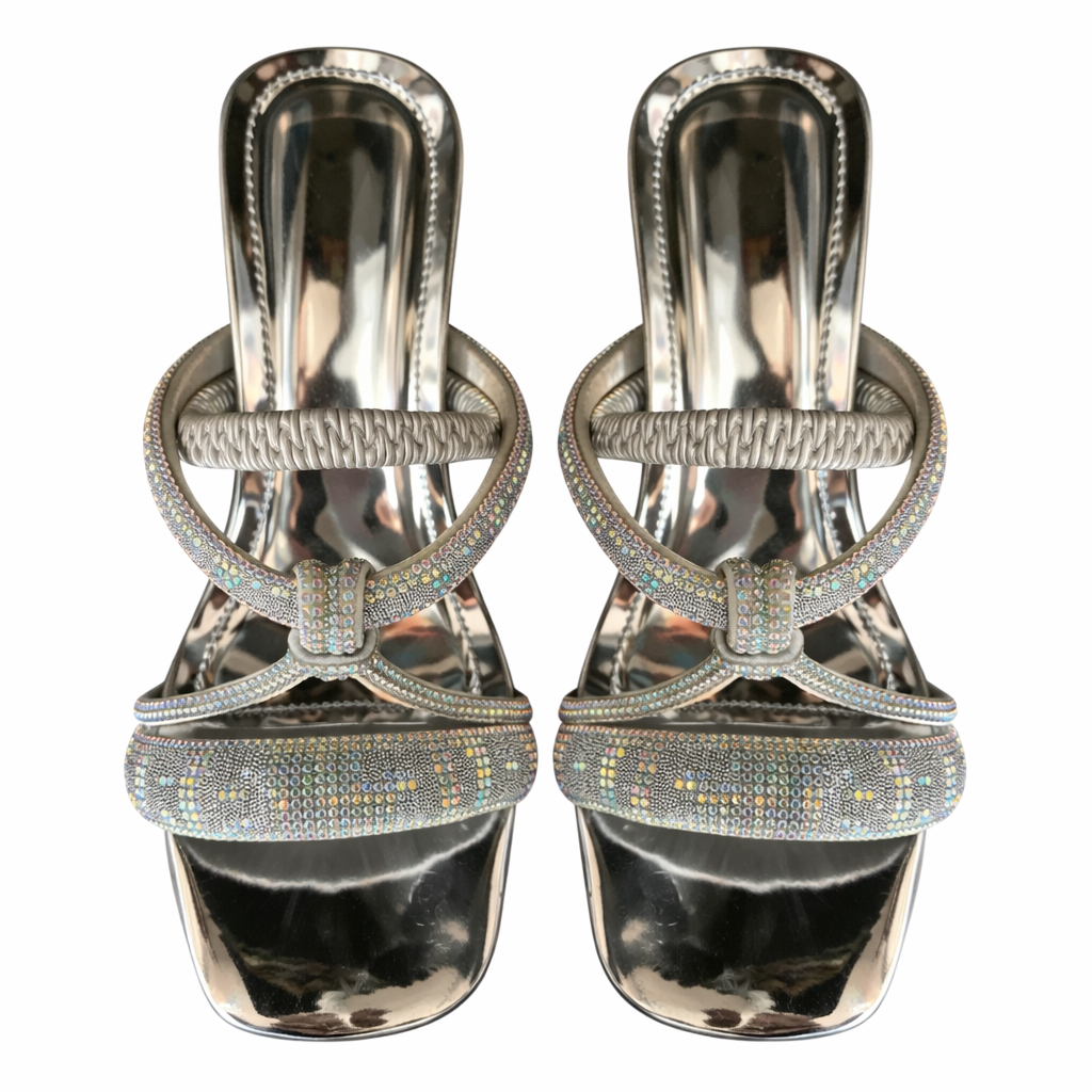 Silver Rhinestone Multi Strap Square Toe Flat Sandals