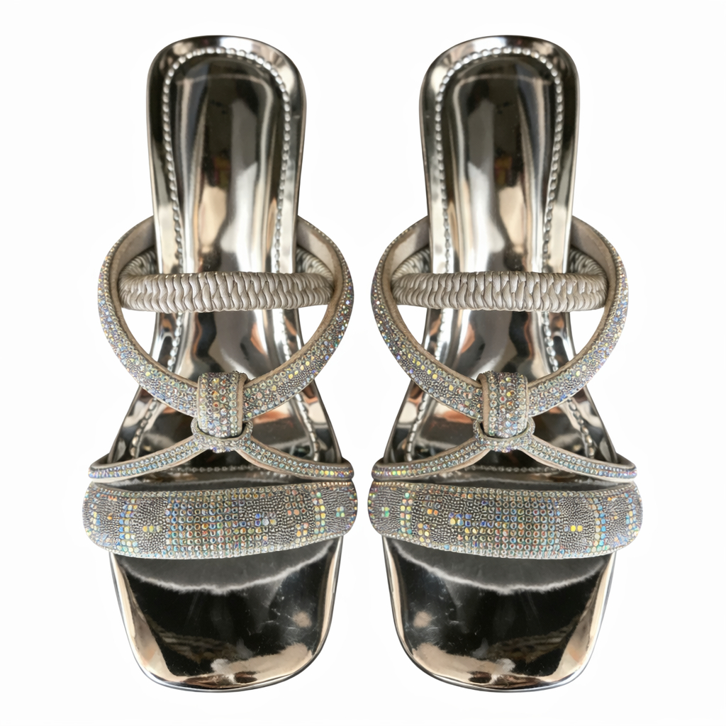 Gold Rhinestone Cross Strap Square Toe Flat Sandals