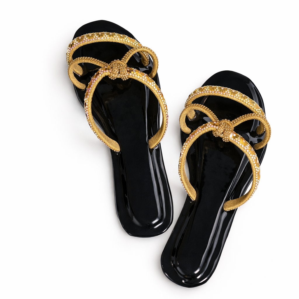 Gold Rhinestone Multi Strap Flat Sandals