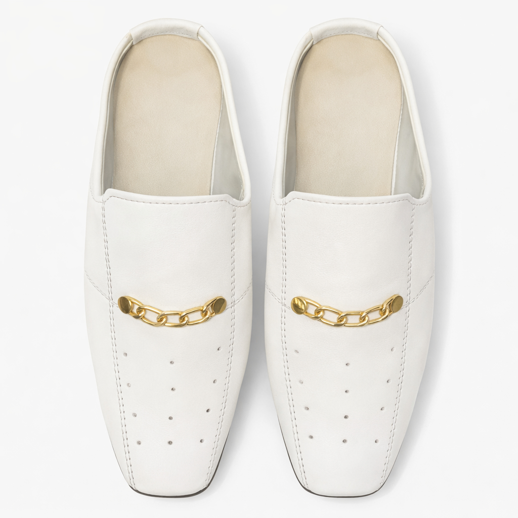 White Slip On Loafers with Gold Chain Detail