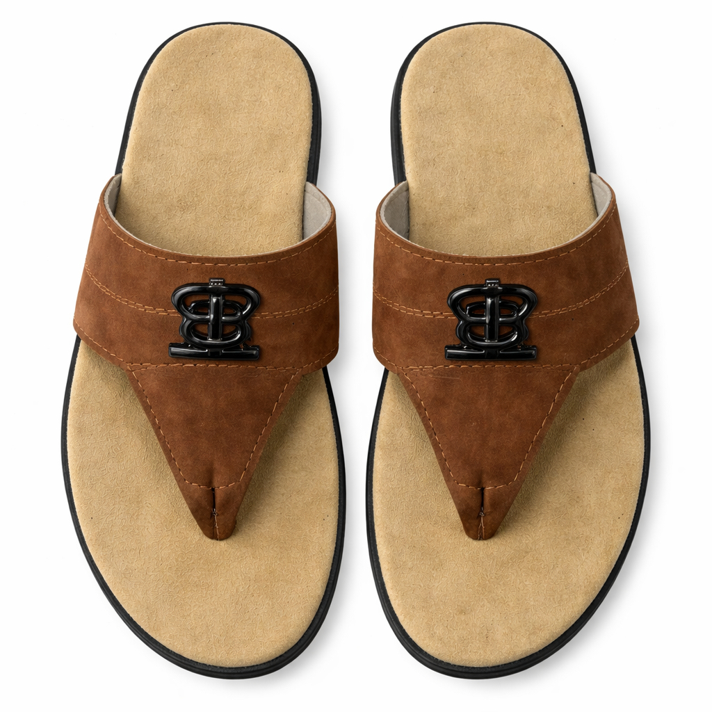 Brown Pointed Toe Slide Sandals with Metal Detail