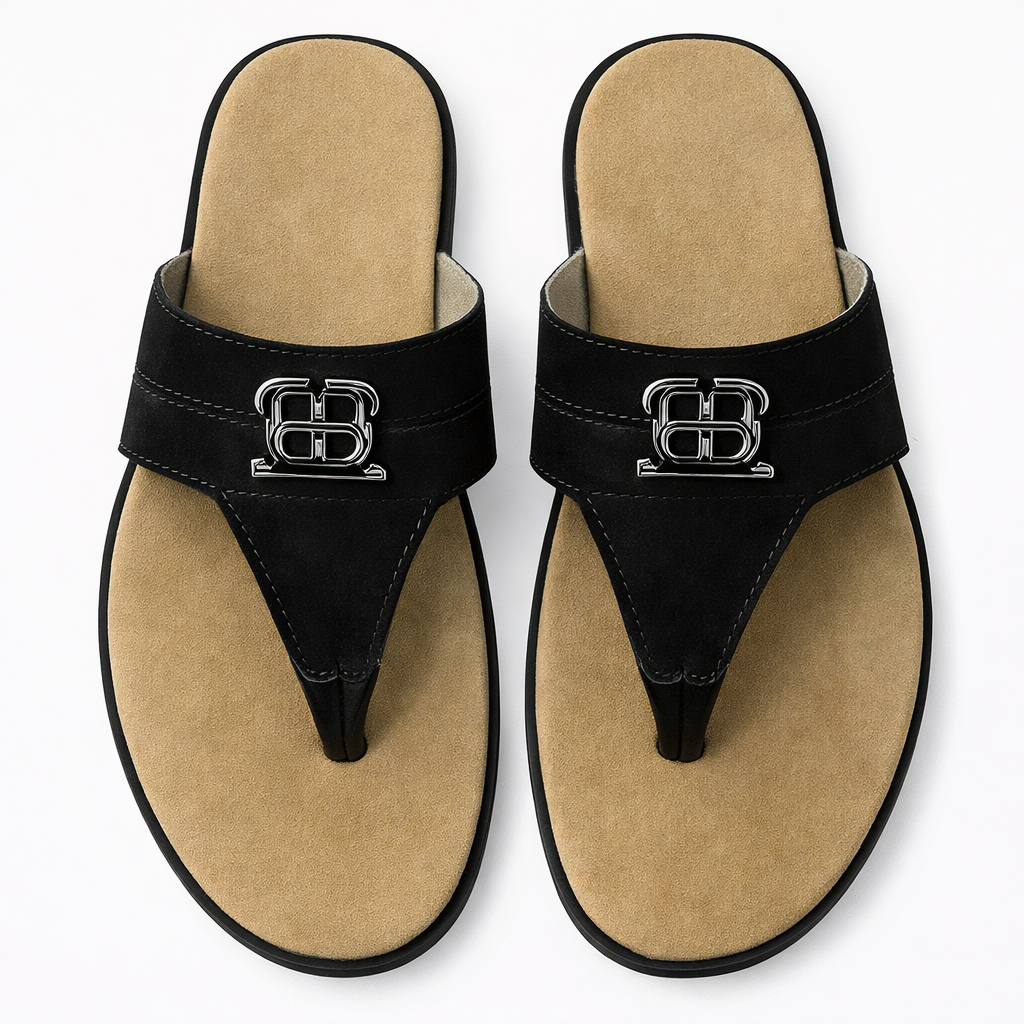 Black Pointed Toe Slide Sandals with Metal Detail