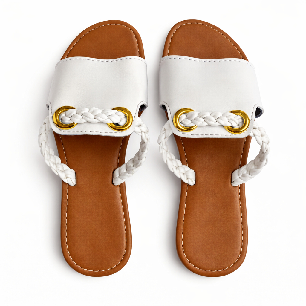 Elegant Braided Strap with golden accent Flat Slide Sandal