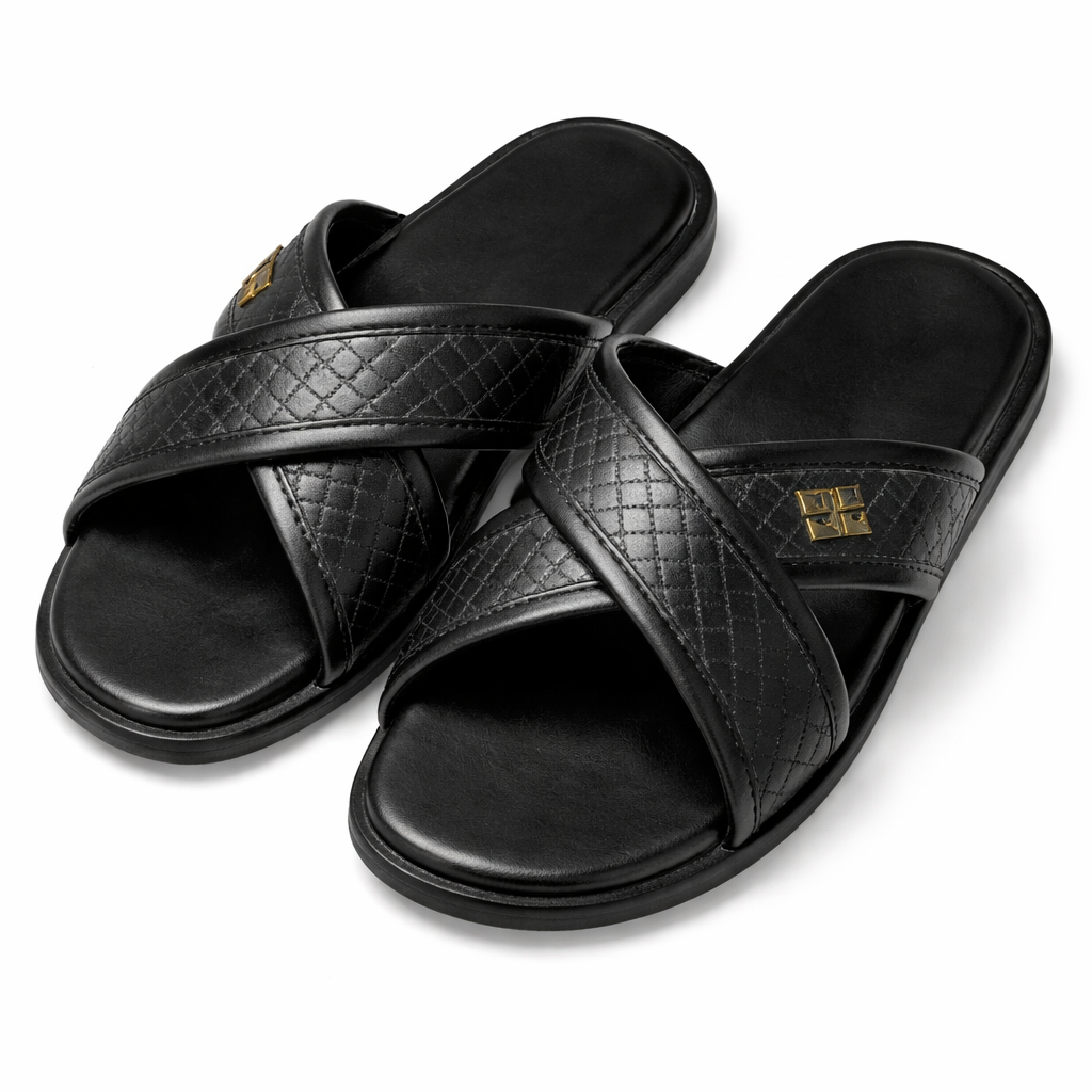 Mens Black Cross Strap Slip On Sandals