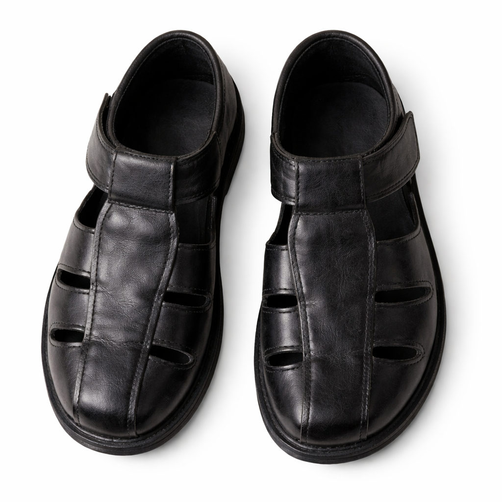 Mens Black Closed Toe Leather Sandals with Adjustable Strap