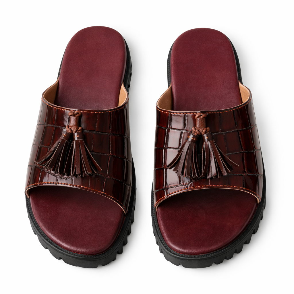 Quality Men Burgundy Croc Texture Leather Slide Sandals with Tassel
