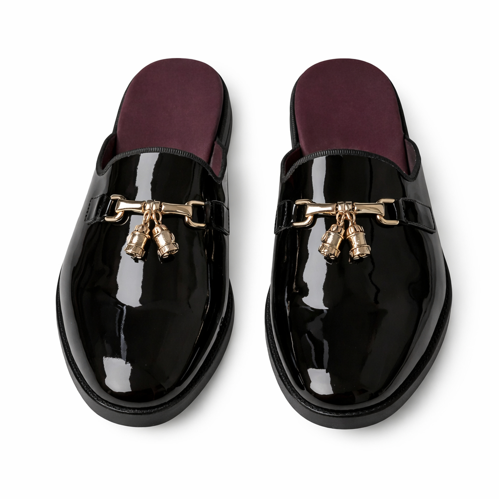 Mens Black Patent Leather Slip On Formal Loafers with Metal Detail