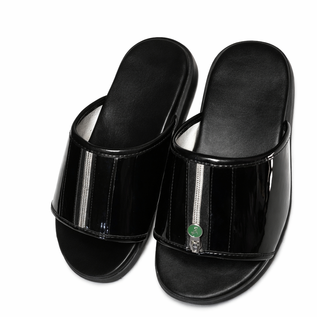Quality Men Black Glossy Slide Sandals with Front Zipper Detail