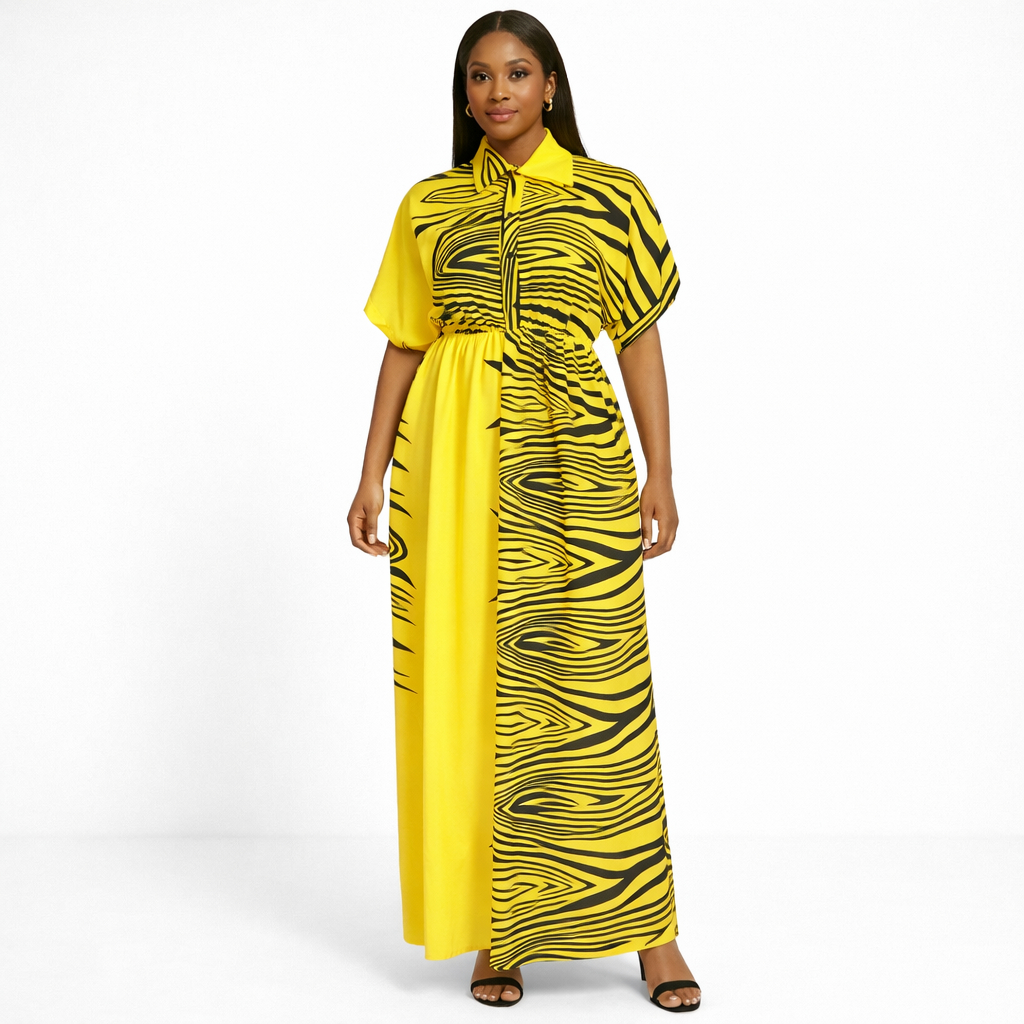 Women Yellow Abstract Print Maxi Shirt Dress