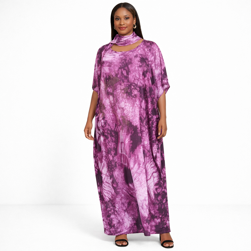 Stylish Women Purple Tie Dye Kaftan Dress with Matching Scarf