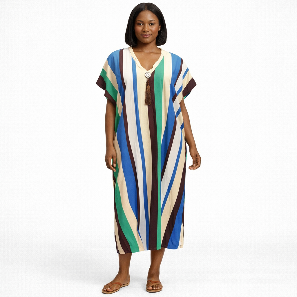 Womens Multicolor Vertical Stripe Kaftan Dress