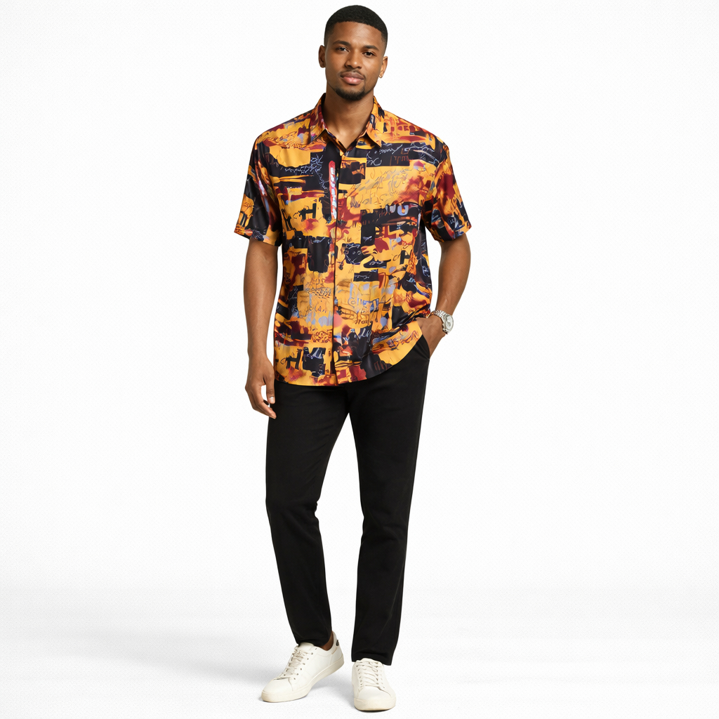 Quality Men Vintage Abstract Print Short Sleeve Button Up Shirt