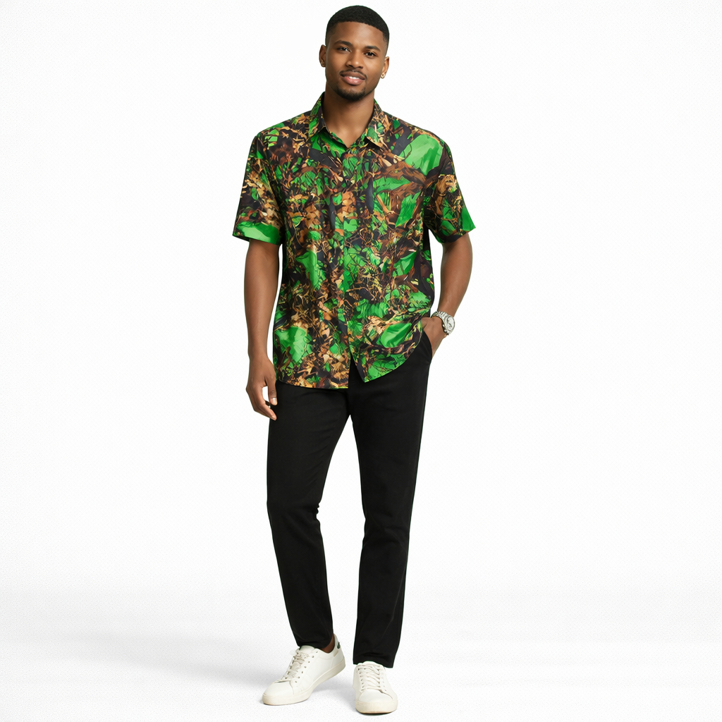 Quality Men vintage Green and Brown Camouflage short Sleeve Button Up Shirt