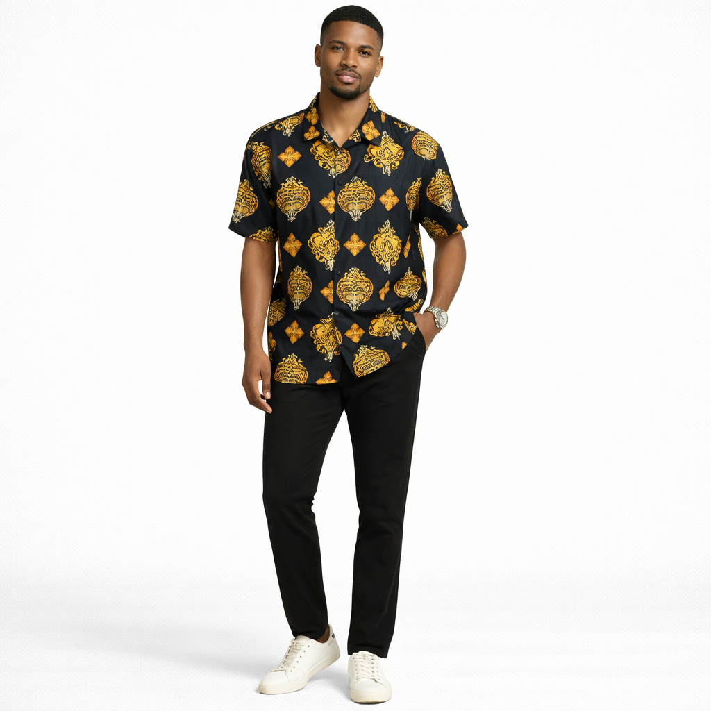 Mens vintage Black and Gold Short Sleeve Button Up Shirt