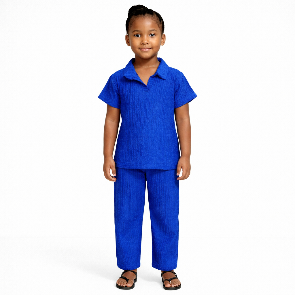 Royal Blue Ribbed Polo Top and Pants Set for Children