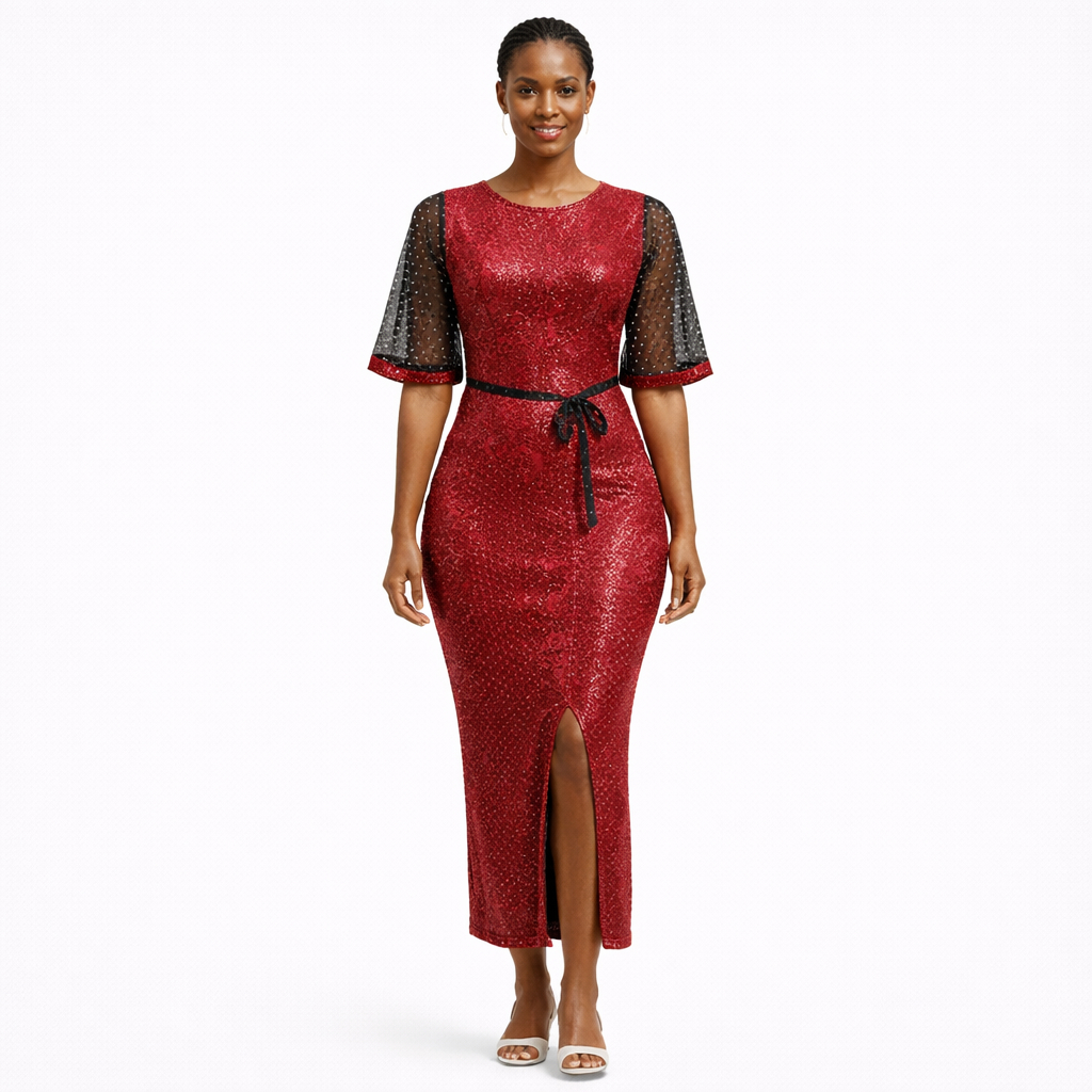 Ruby Sparkle Midi Gown with Sheer Polka Dot Sleeves