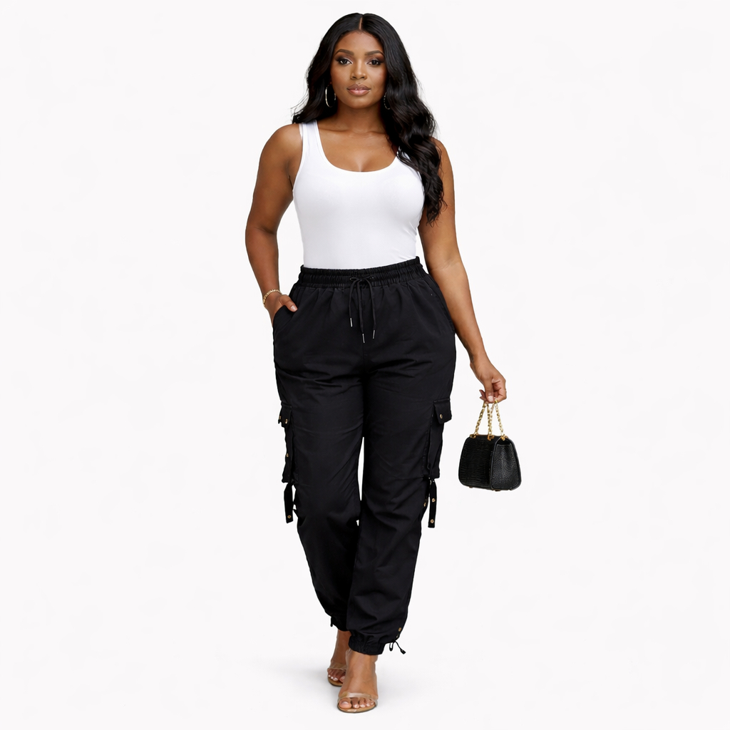 Unisex Black Cargo trouser with Elastic Waist