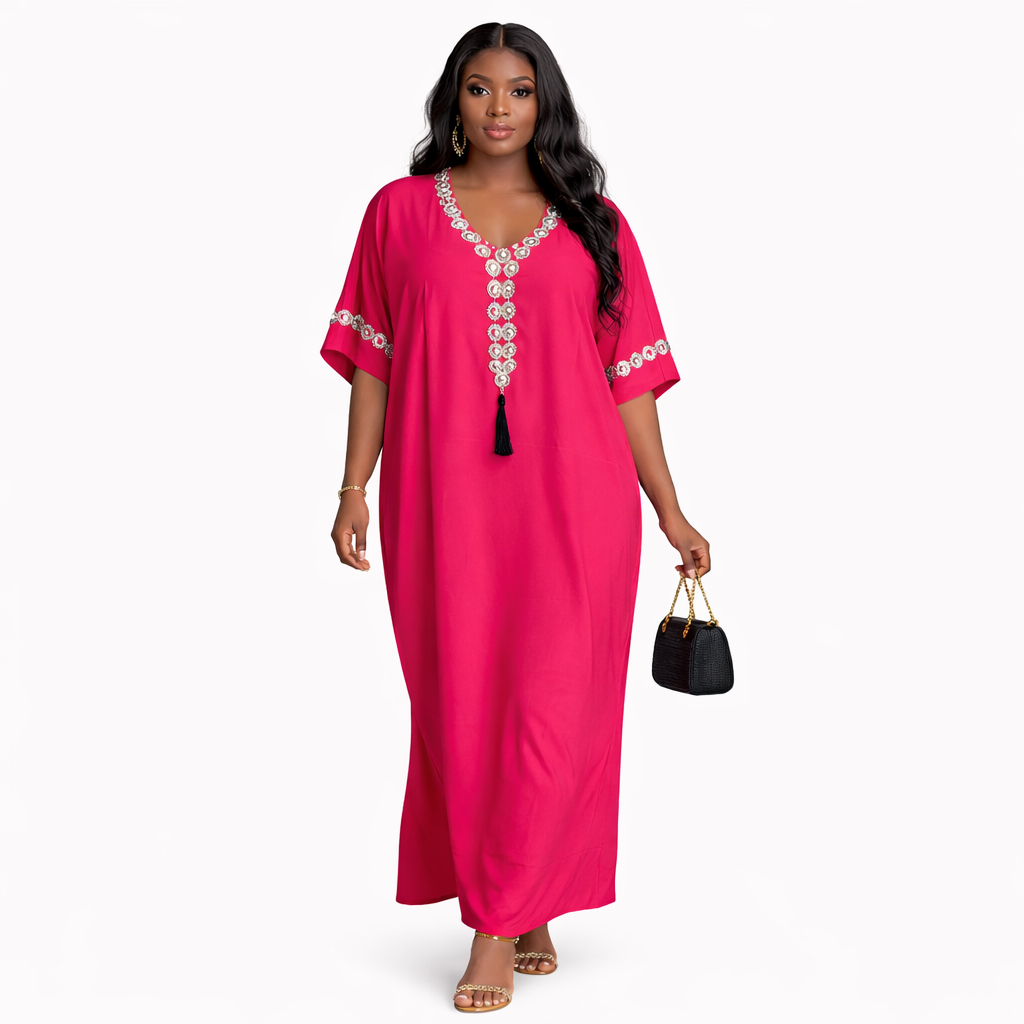 Elegant Pink Embellished Neckline Ankle Length Kaftan Dress