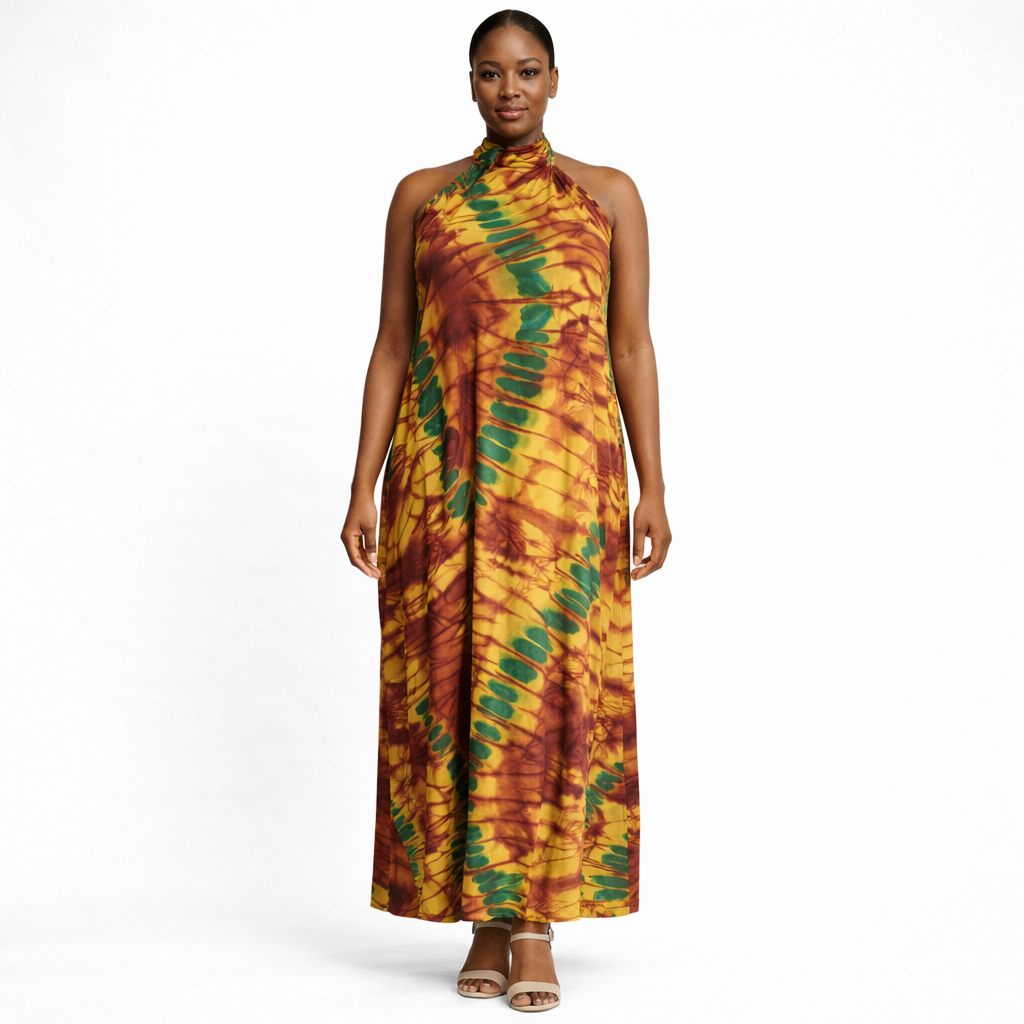 Womens Sleeveless High Neck Maxi Dress Multicolor Tie Dye Print