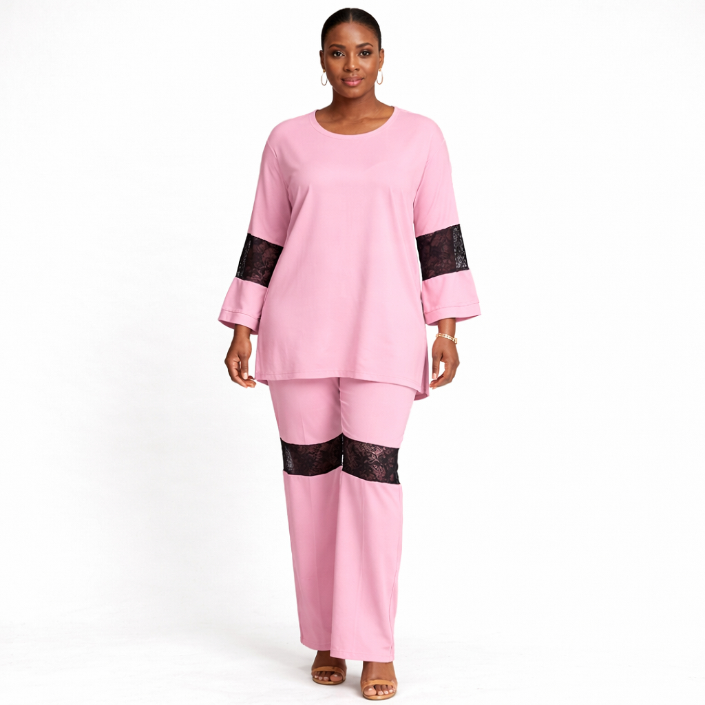 Womens Two Piece Pink Lounge Set with Lace Trim