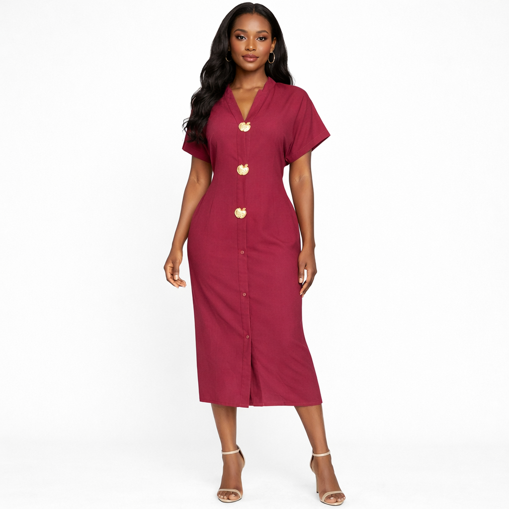 Womens Burgundy V Neck Midi Dress with Gold Button Detail