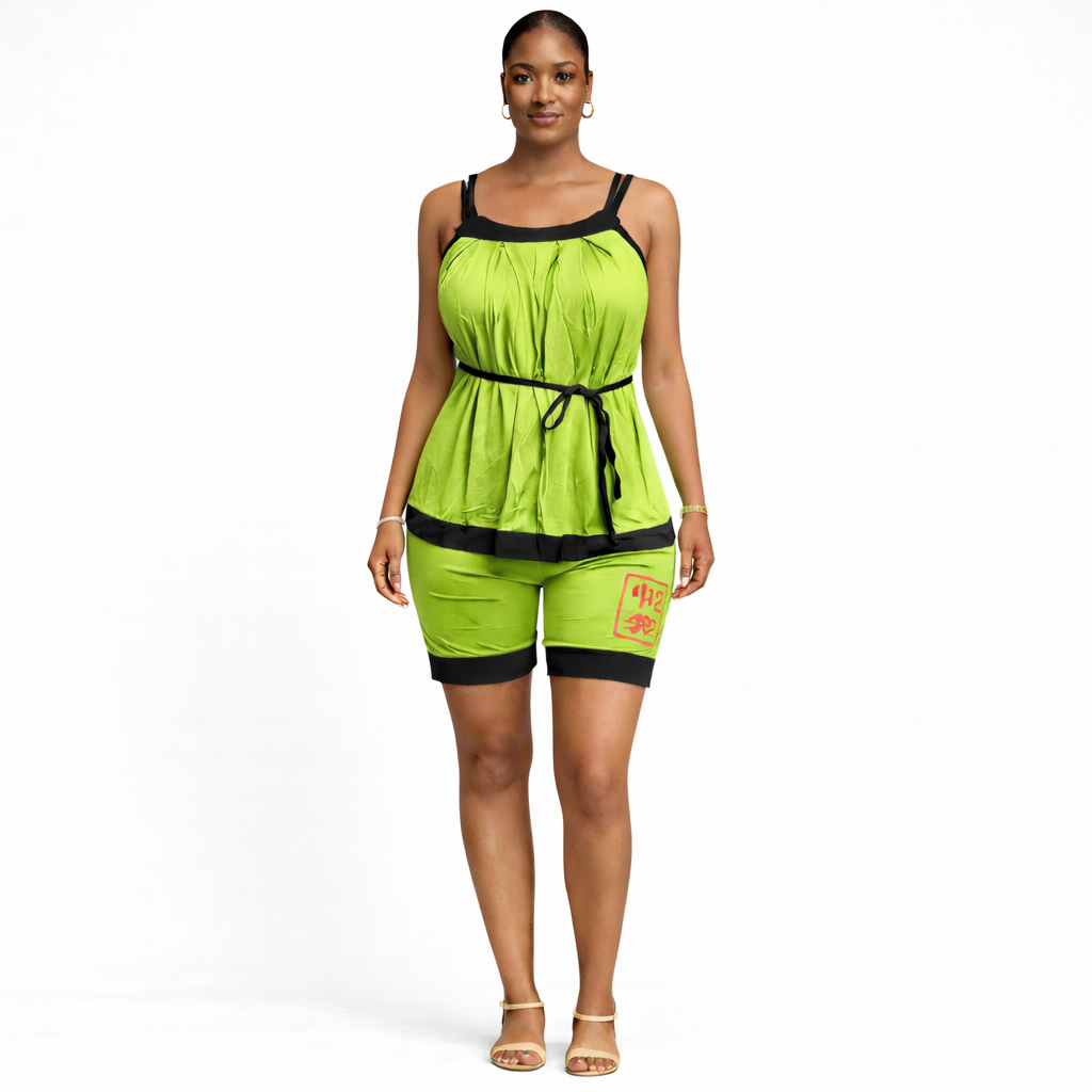 Womens Two Piece Green Camisole Top and Shorts Set