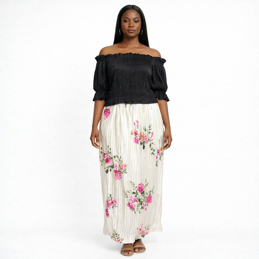 Quality Women Off Shoulder Pleated Top and Floral Maxi Skirt Set
