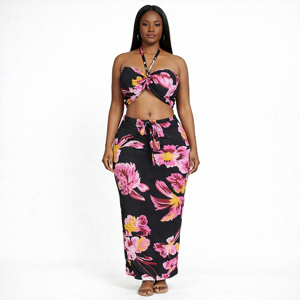 Women Floral Halter Top  and Maxi Skirt Two Piece Set
