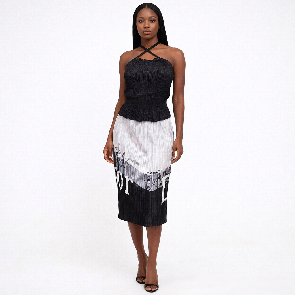 Womens Black Pleated Halter Top and Printed Midi Skirt Set
