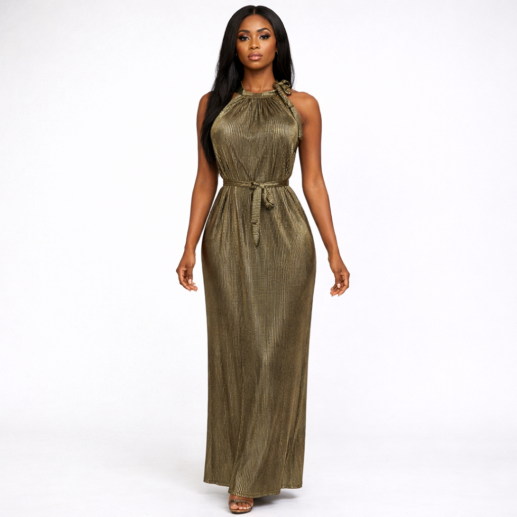 Metallic Gold Sleeveless Maxi Dress with Pleated Texture