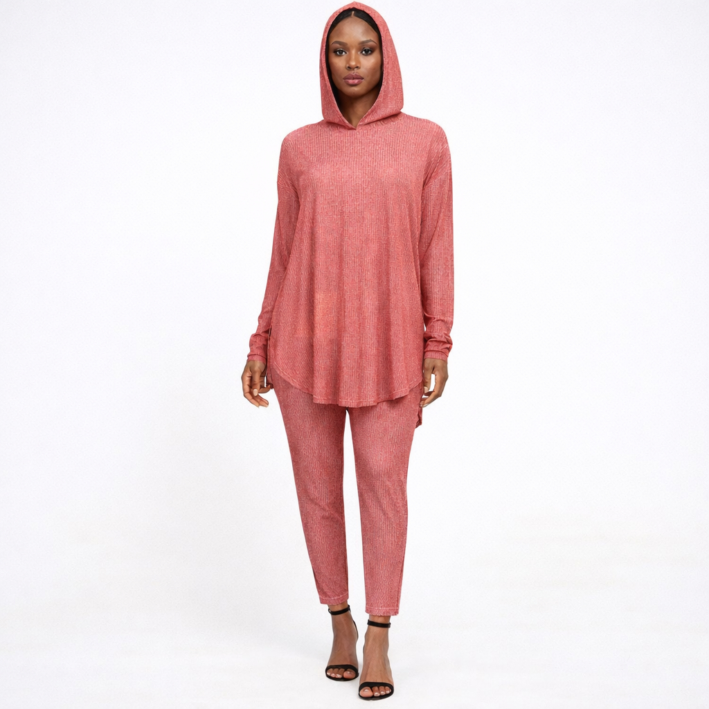 Womens Ribbed Hooded Lounge Set  Long Sleeve Top and Leggings