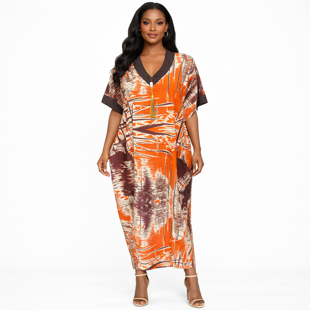 Elegant Womens V Neck Printed Kaftan Maxi Dress