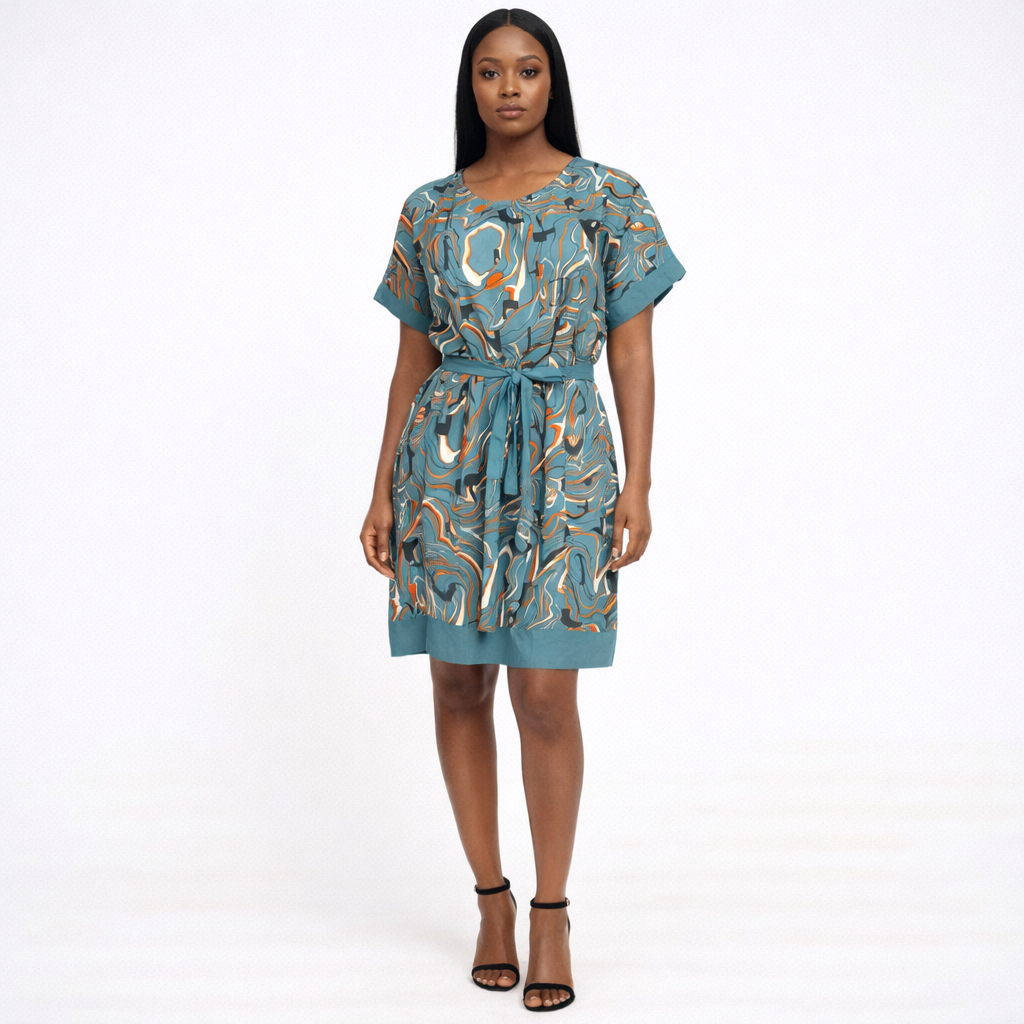 Womens Abstract Print Short Sleeve Belted Dress